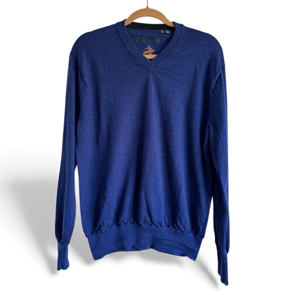 Orvis Merino Wool V-Neck Pullover Sweater Warm Knit Winter Holiday Blue Large